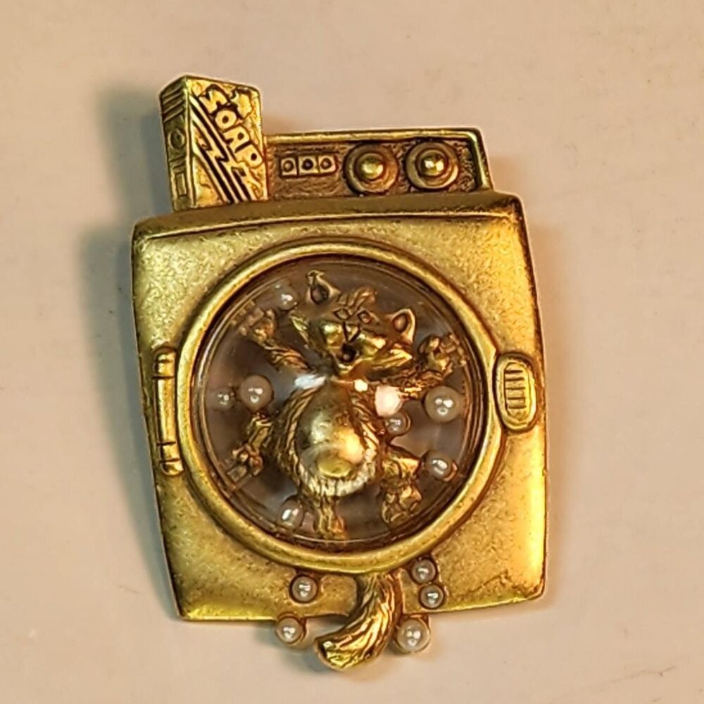 Vintage Cat in Washing Machine Brooch Gold Tone Pearls AJC Brand Whimsical